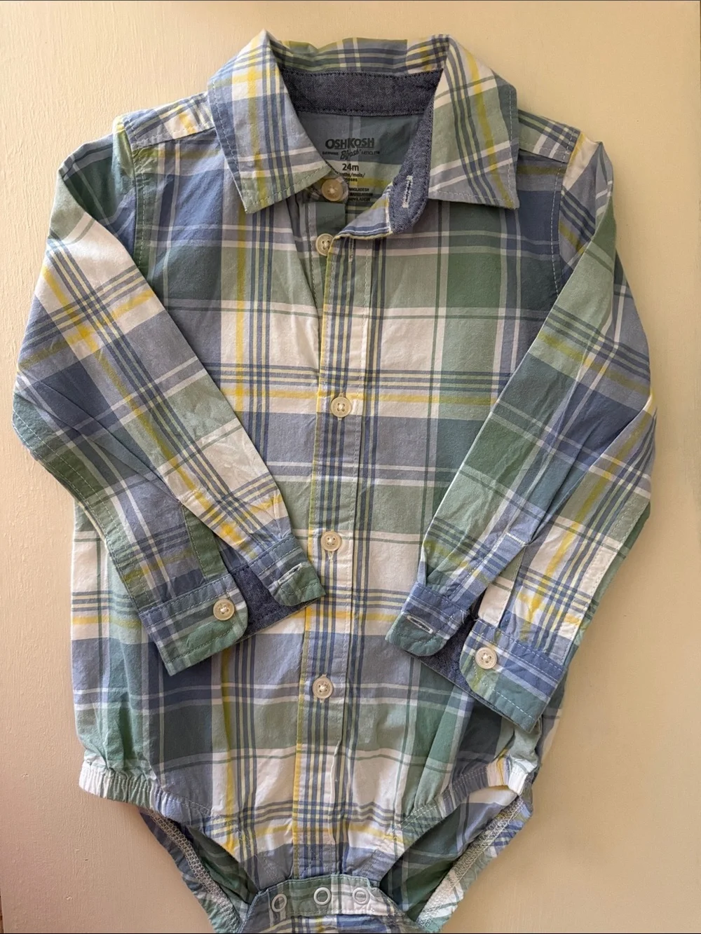 OshKosh B'gosh Tan Toddler Overalls with Blue & Green Plaid Undershirt 24 Month